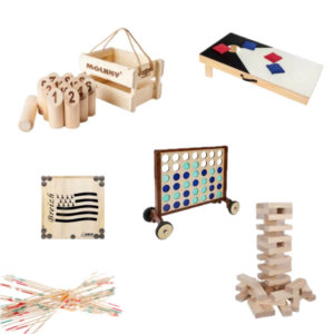 Jeux en bois en location : Mölkky, puissance 4 géant, cornhole