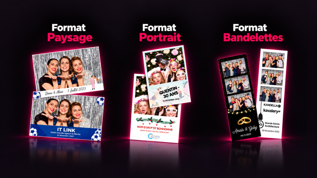 Formats d’impression du photobooth : paysage, portrait et bandelettes, avec cadres personnalisés